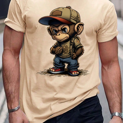 Men's Summer 100% Cotton round Neck T-Shirt Casual Loose Fit Cartoon Monkey Pattern Printed Short Sleeve Fashionable Sports Tee