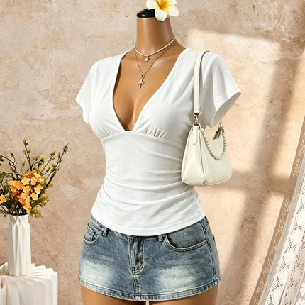 Women Short Sleeve Deep V Neck Side Ruched Wrap Crop T Shirt 2026 Summer Y2K Casual Streetwear Basic Solid Tees