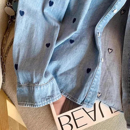 American Retro Blue Soft Denim Shirt Women's Spring Autumn Heart Print Thin Coat Casual Versatile Loose Long Sleeve Top Shirt