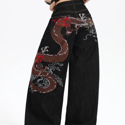 European And American Millennium Asian Cool Style Loose Jeans Traditional Dragon Pattern Embroidered High Waist Wide Leg Pants