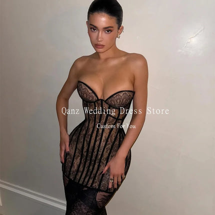 Qanz Sexy Black Lace Prom Dress Sweetheart Mermaid Corset Back Illusion Evening Dresses Woman Elegant Party Gowns Customized