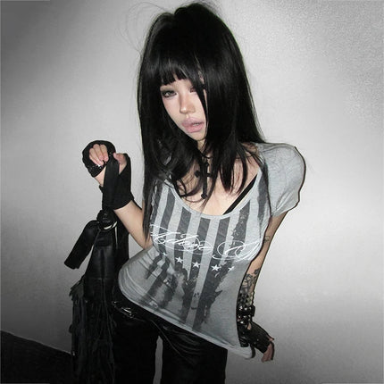 Karrcat Trashy Y2k Striped Letter Print T-shirt Grunge Aesthetics Short Sleeve Tee Shirt Vintage Punk Streetwear American Retro