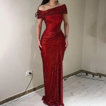 Glitter Burgundy Off Shoulder Crystal Prom Dresses Mermaid with Draped Sleeveless Evening Dress Customized فساتين سهرة