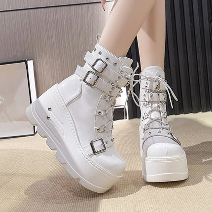 Platform Boots Goth for Women Lace up Wedge Heel Buckle Ankle Booties Studded Short Motorcycle Boots with Zipper White