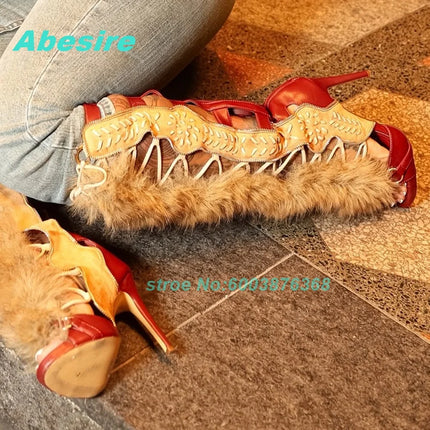 Fluffy Fur Patchwork Mixed-Color Sandal Boots Peep Toe Thin Heels Zipper Hollow Out Shoes for Women Spicy Girls Y2K Shoes New