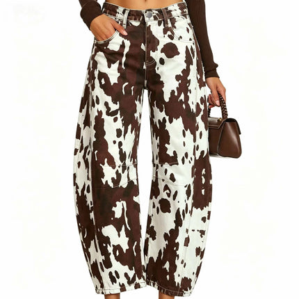High Waist Cow Print Curved Knife Jeans Slimming Versatile Cow Patterned Stretch Denim Trousers for Women