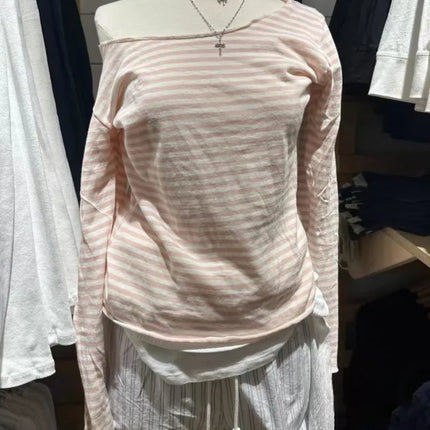 Sweet Pink Striped Long Sleeve T-shirt Women New Spring Cotton Raw Hem Slash Neck Slim Tee Tops Cute Preppy Style T shirt Y2K