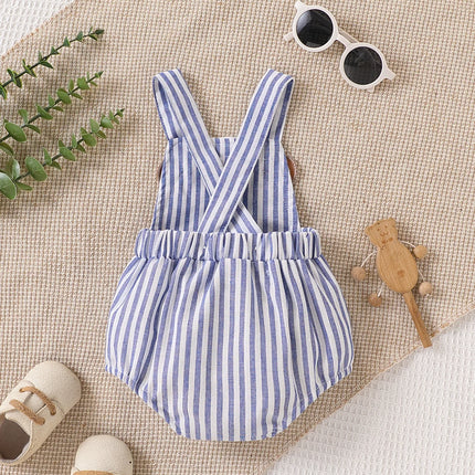 Baby Navy Style Bear Striped Romper with 3D Bear Patch, Cute and Adorable Design, Comfortable and Breathable Summer Jumpsuit