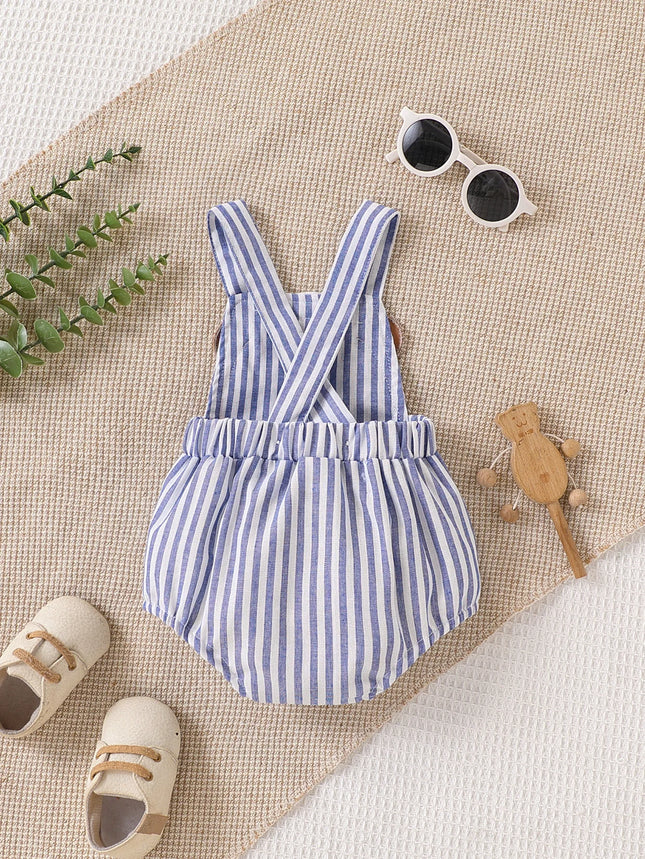 Baby Marine-Stil Gestreifter Strampler mit 3D Bären-Patch, niedliches und bezauberndes Design, bequemer und atmungsaktiver Sommer-Jumpsuit