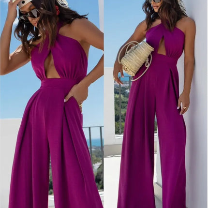 Sexy Backless Halter Neck Sleeveless Bandage Jumpsuit Summer Women Fashion Red Black Hollow Out Wide Leg Jumpsuits Streetwear
