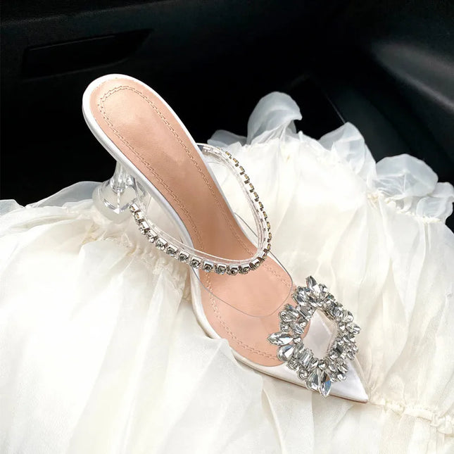 New PVC Transparent Crystal Women Slippers Summer Pointed Toe High Heels Sexy Slides Ladies Party Sandals Pumps Shoes