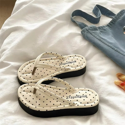 Cute Polka Dot Platform Flip Flops Thick Sole Non-Slip Thong Sandals Breathable Beach Slippers Summer
