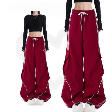 Y2K Black Striped Women Cargo Pants Korean Fashion Wide Leg Baggy Trousers Streetwear Autunm Harajuku Hip Hop Oversized Loose