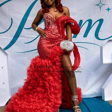 Sparkly Sequin Crystal Mermaid Prom Dress Customized Black Girl Evening Party Gown African Side Slit Ruffles Wedding Party Dress