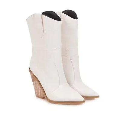 New Classic Embroidered pointed Sexy Cowboy Boots for Women Leather Cowgirl Boots High Heels Shoes Mid Calf Woman Boots Large