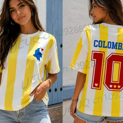 Colombia Inspired Striped Daisy Mesh Jersey Shirts Fashion Leisure Vacation Tee Street Top Summer Women'S Football T-Shirt