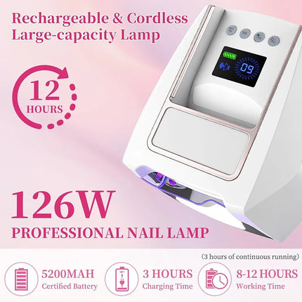 2026 New 126W/72W Rechargeable Nail Lamp Wireless Gel Polish Dryer Pedicure Machine Cordless Nail Art Lamp