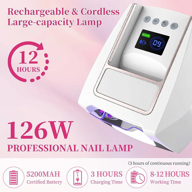 2026 Nueva lámpara de uñas recargable 126W/72W, secador de esmalte de gel inalámbrico, máquina de pedicura, lámpara de uñas inalámbrica