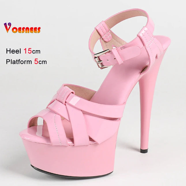 New Summer Pink Women Sandals Thin Heels 15cm Platform 5cm Cross Straps Ankle Buckle Round Toe Ladies Pumps Stiletto Party Shoes