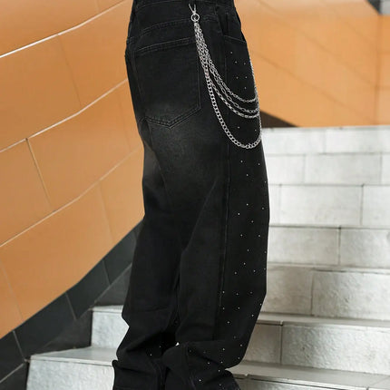 Men's Black Denim Wide-Leg Pants with Rhinestones, Easily Mastering the Street Fashion.