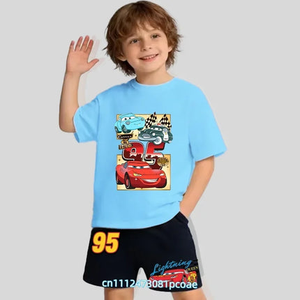 2026 Cars of the Universe Children's Pure Cotton Short-Sleeved Shorts for Boys with Cartoon Print Summer T-shirt Set of 2 Pieces