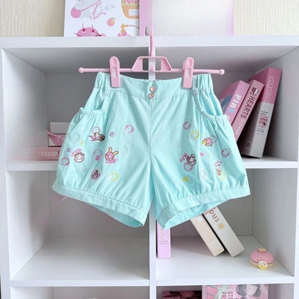 Japaneese Y2K Kawaii Cartoon Bunny Print Women Casual Shorts Women  Elastic Waist Bottoms Pocket Rolled Hem Casual Shorts