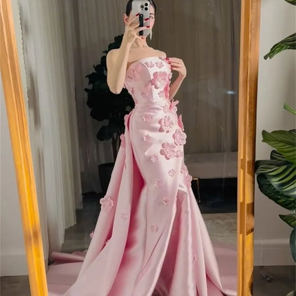 Bella Pink Straples Robes De Soirée 3D Flowers Mermaid Detachable Train Prom Dresses Sleeveless Customized Wedding Dress 2024