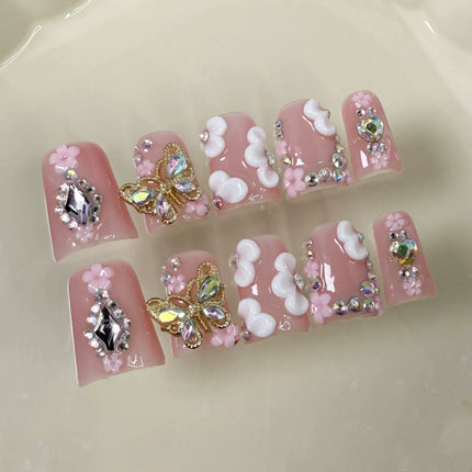 10pcs Short Duck Bill Press on Nails 3D Butterfly Flower False Nails Pink French Tip Nail Art Pearl Heart Rhinestone Fake Nails