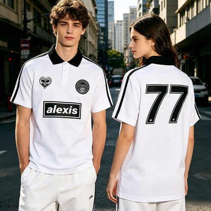ALEXISONFIRE Letter 77 Number Print Polo Soccer Jersey Men Women Short Sleeve Streetwear Couple Football Sports Uniform Shirts