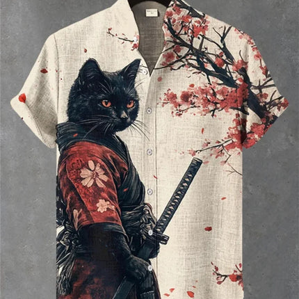Men's Quirky Retro Cat Printed Linen Shirt Short Sleeve Fashionable Stand up Collar Outdoor Casual Party Wear