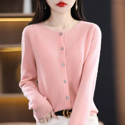 Spring and autumn new women's 100% wool knitted cardigan coat loose O-neck sweater coat fashion solid color coat