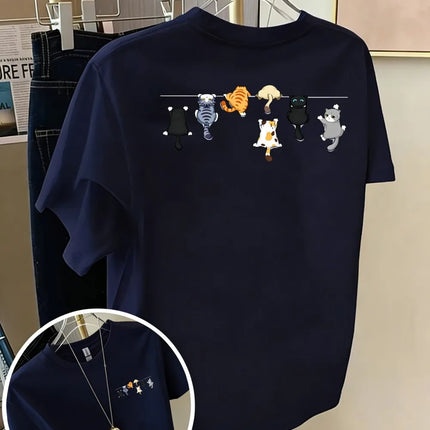 Cartoons Cats Prints T-Shirts Summer Womens Cotton T Shirts Basic O-Neck Oversized Short Sleeve Tops Casual Street Woman Clothes