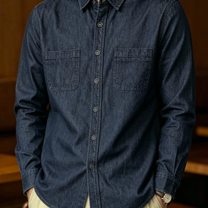 2026 Spring Summer New Men Light Business Denim Shirt, Elegant Italian Style Button Down Casual Commute Formal Wear Top