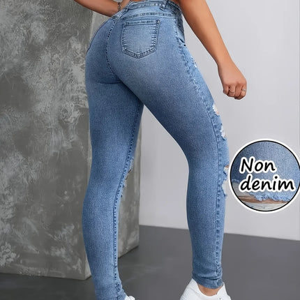 Fashion Women's Faux Denim Printed Skinny Pants, High-Elastic Seamless Leggings with Fake Pockets, Full-Length Sports Leggings