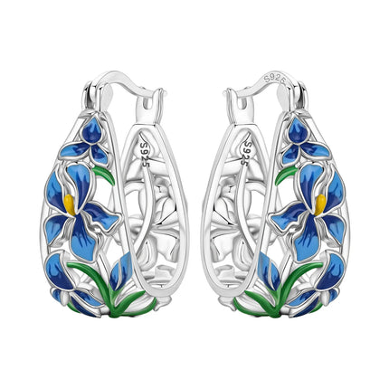 Orstarry Original 925 Sterling Silver Blue Iris Flower Earrings Women Hoop Earring Anniversary Jewelry Trendy Gifts