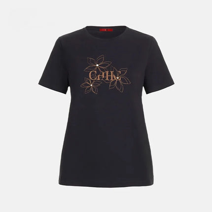 CH Crew Neck T Shirt Floral Embroidery Pearl Decor Short Sleeve Casual Daily Wear Basic Tops
