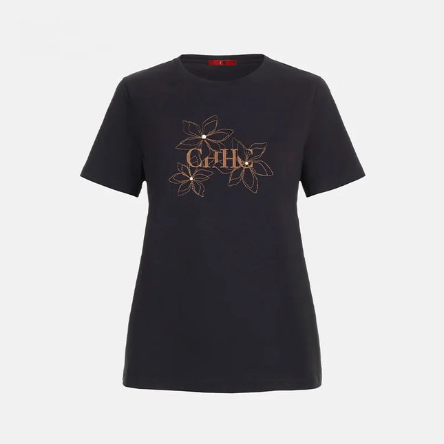 CH Crew Neck T Shirt Floral Embroidery Pearl Decor Short Sleeve Casual Daily Wear Basic Tops