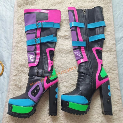Club Punk Style Knee High Boots Colorful Platform Heels Cybertron Babe Boots Womens Neon Lug Heel Bling Straps Long Boot
