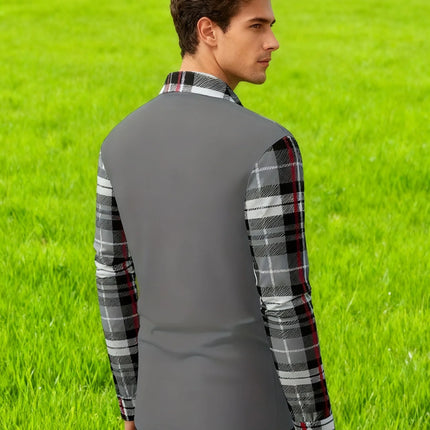 New Men's Long Sleeved Polo Shirt, Fashionable Color Blocking Checkered T-Shirt, Street Versatile Sports T-Shirt