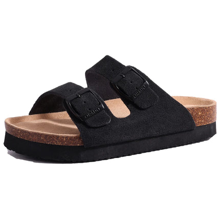 Black textured two-strap buckle slide sandal
