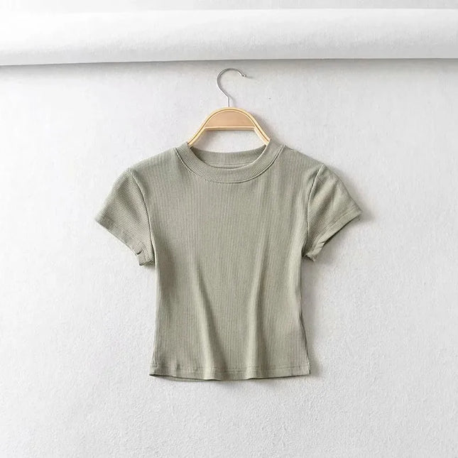 Sommer Sexy Damen O-Neck Kurzarm T-Shirt Eng Elastisch Figurbetontes Crop Top