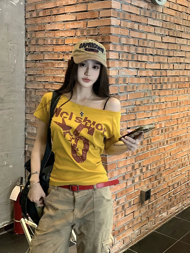Y2k Sport Sommer Off-Shoulder Top Damen Sexy Vintage 2000er Kurzarm T-Shirt Lady Body Basic Crop Top Damen Casual