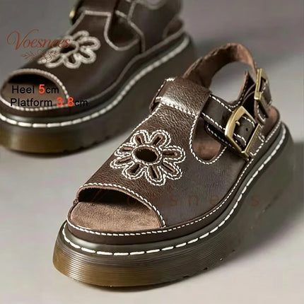 Vintage Brown Women's Platform Sandals Retro Floral Embroidery Open Toe Buckle Ankle Strap Chunky Sole Summer Casual Roman Shoes
