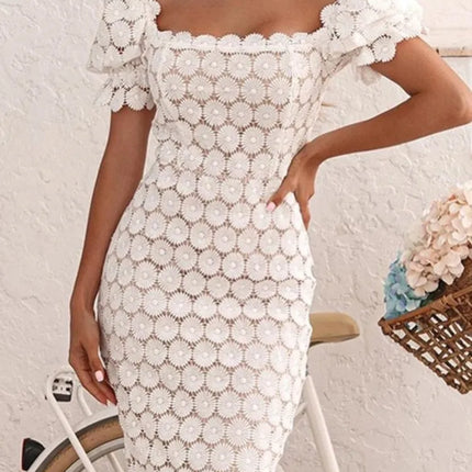 Women's Hollow Out Flower Lace Patchwork Slim Midi Dresses Temperament Solid Color Package Hip Dress Lady Commuting Vestidos