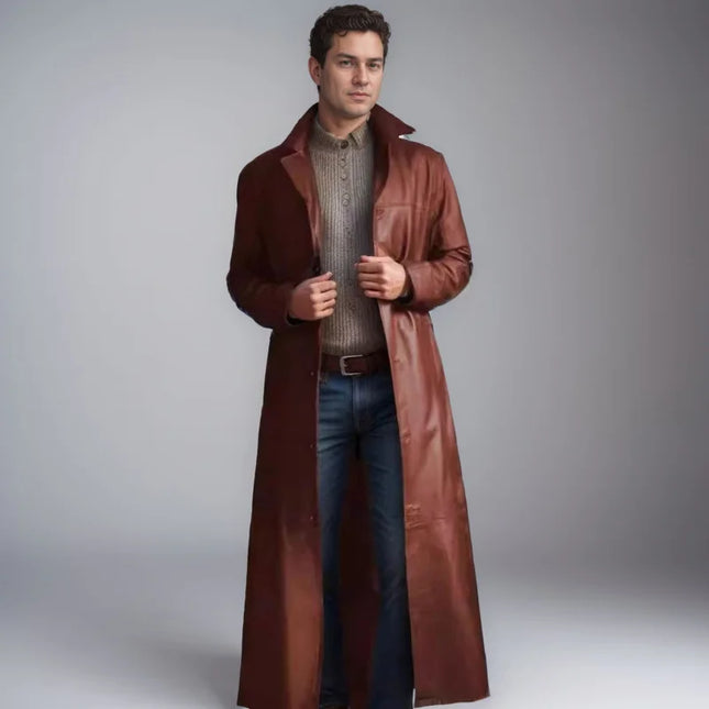 Abrigo largo de trinchera para hombre, muy vendido y en stock, gabardina larga de cuero PU de moda para hombre, ajuste delgado, chaqueta de cuero de moda