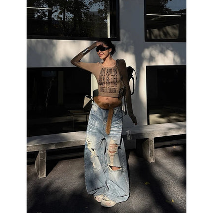 ZHIZOU Women Blue Baggy Y2k Ripped Jeans Hip Hop Grunge Wide Jean Pants Vintage 2000s Harajuku Denim Trousers Clothes Summer