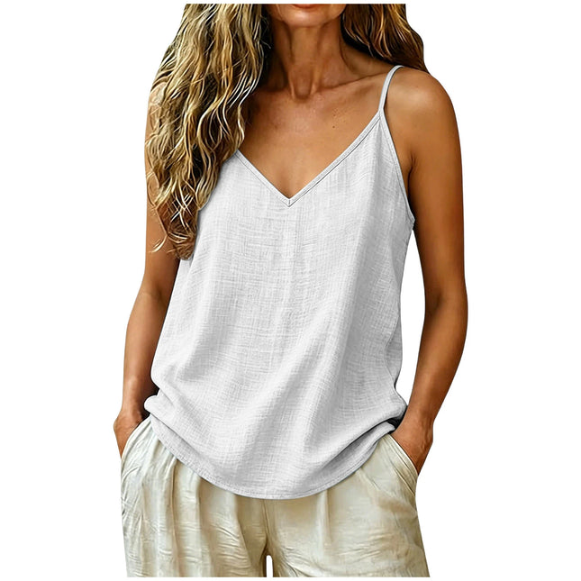 Damen Baumwolle Leinen Spaghettiträger Tank Top V-Ausschnitt Einfarbig Locker Leichte Ärmellose Camisole Sommer Strand Top