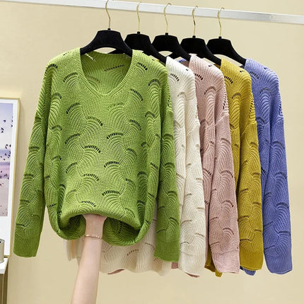 2024 Casual Elegant Sweet Autumn Winter V-neck Hollow Out Top Women's Sweater Solid  All-matching Pullover Knitwear Korean New