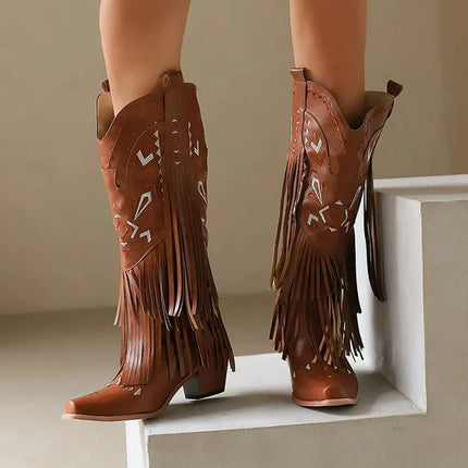 Retro Tassel Embroidered Cowgirl Mid-Calf Women Western Boots Pointed Toe Chunky High Heel Cowboy Cool All-Match Shoes