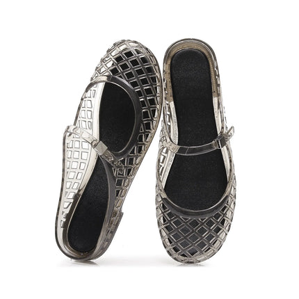Women's Light Luxury Crystal Jelly Mary Jane Flat Sandals Hollow-out Breathable Closed Toe Summer Casual Non-slip Slip-on Shoes